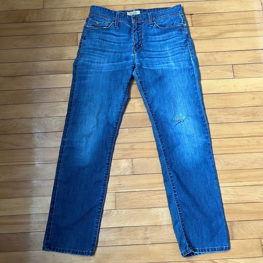 Guess Lincoln Slim Straight Mens Jeans 33x32 Medium Wash Distressed GD5ZCMND0082